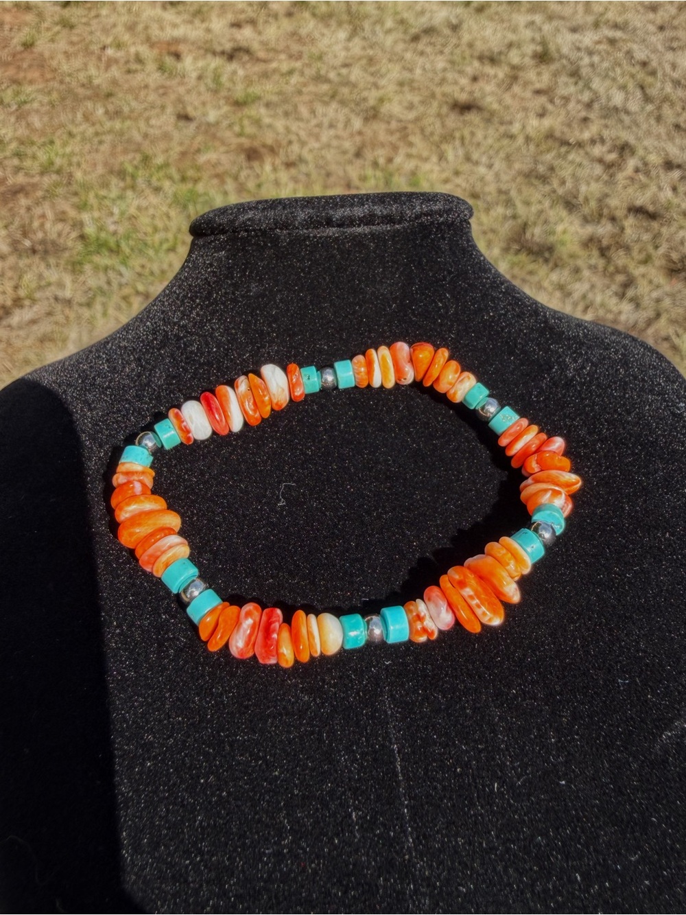 STRETCHY Genuine Turquoise & Spiny Oyster Beaded Bracelet - Stainless Steel